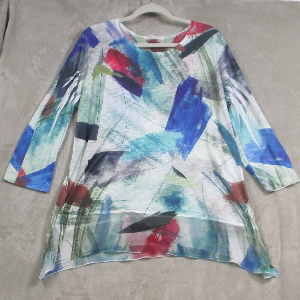 Jess & Jane Tunic Top Ruffled Abstract Art to Wear Lagenlook Layers USA Size L